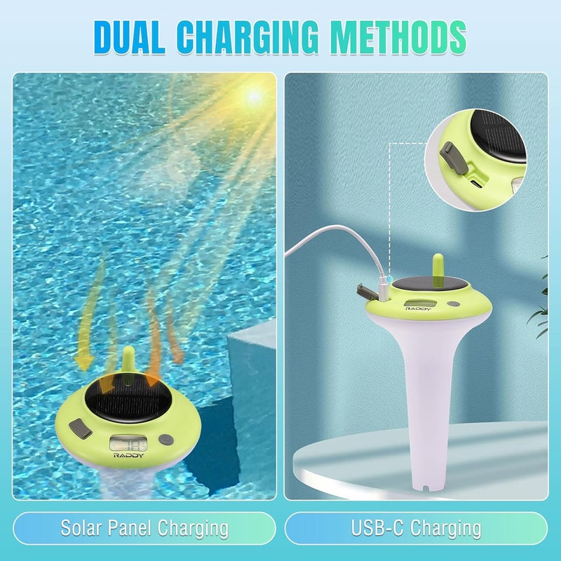 Raddy PT-5 Solar Pool Thermometer Floating Easy Read, High Accuracy Spa Thermometer with Digital Display, IPX8 Waterproof, Solar & Battery Powered for Swimming Pools, Hot Tubs, Pond - Image 5